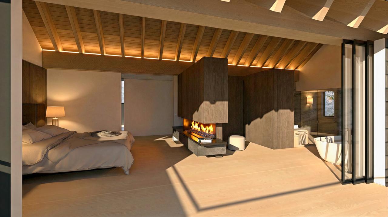 Master bedroom with mountain view, fireplace lit