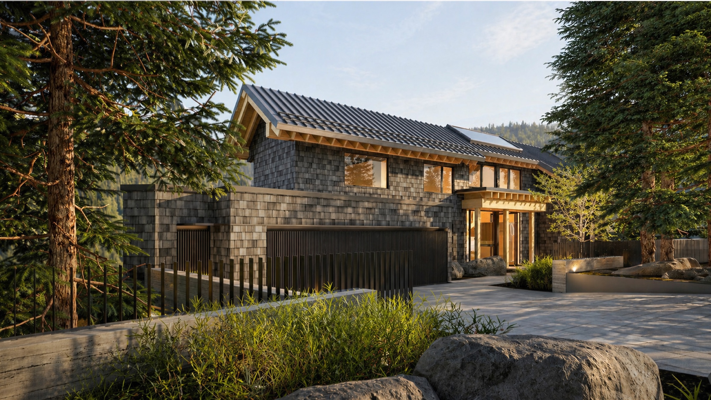 Open-plan living, stone island and outdoor fire pit with mountain backdrop