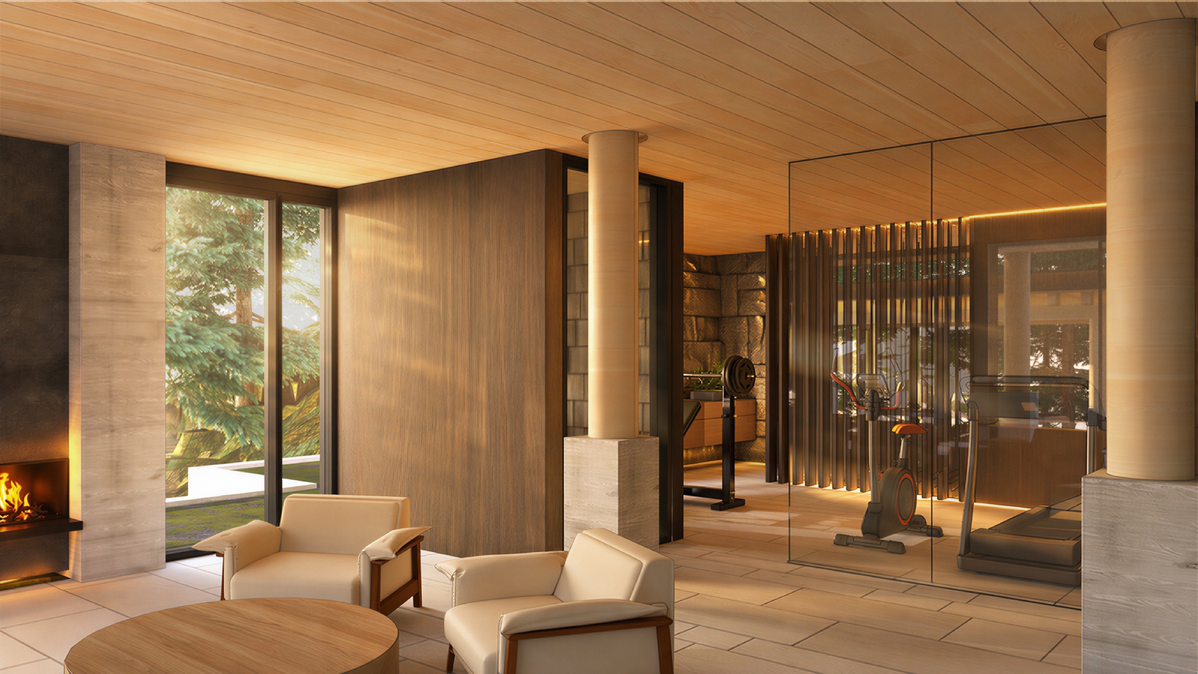 Wellness lounge with fireplace, twin armchairs and glass-enclosed fitness studio
