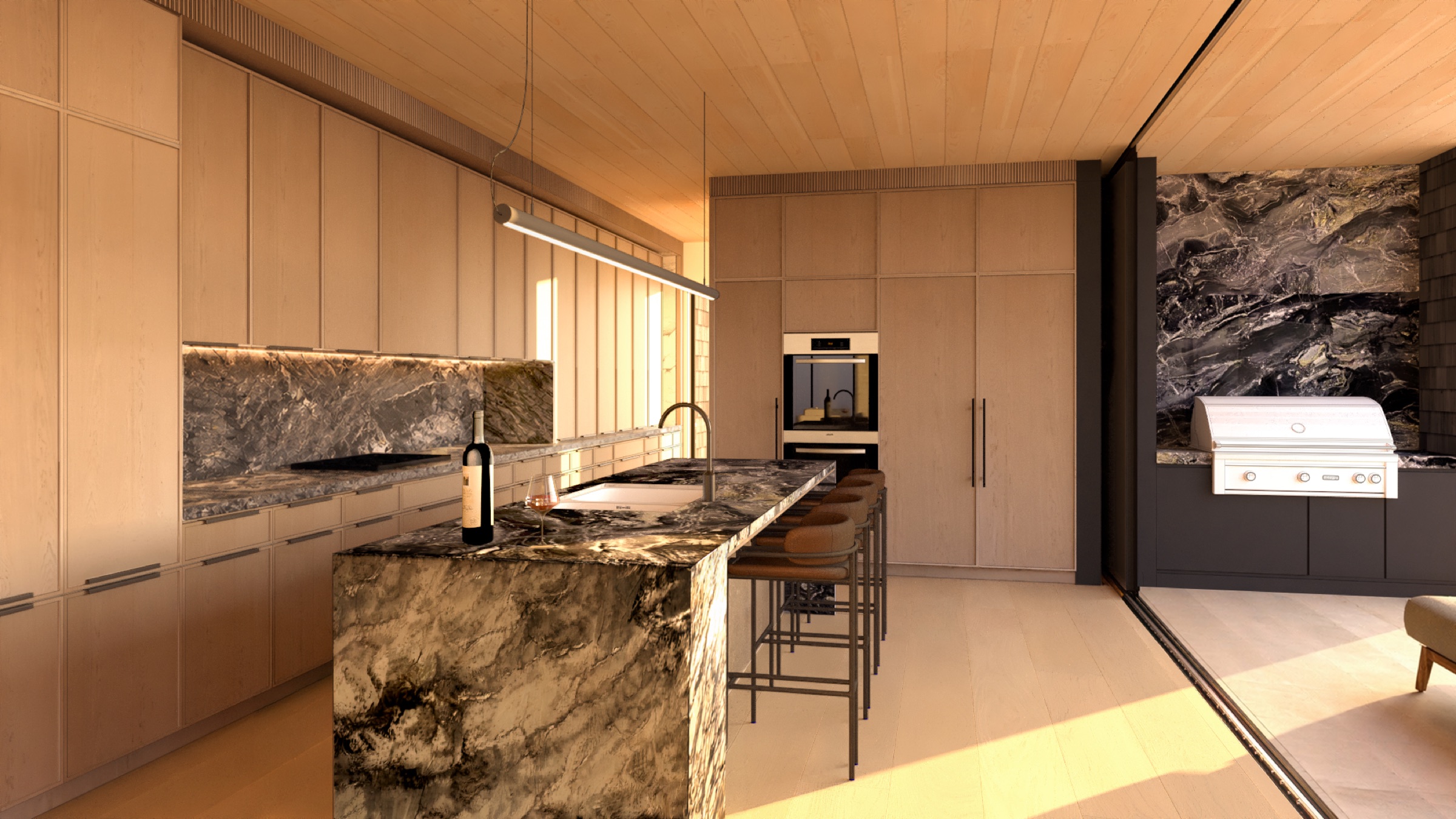 Château Cortina chef's kitchen with marbled stone island, timber cabinetry and outdoor BBQ pavilion
