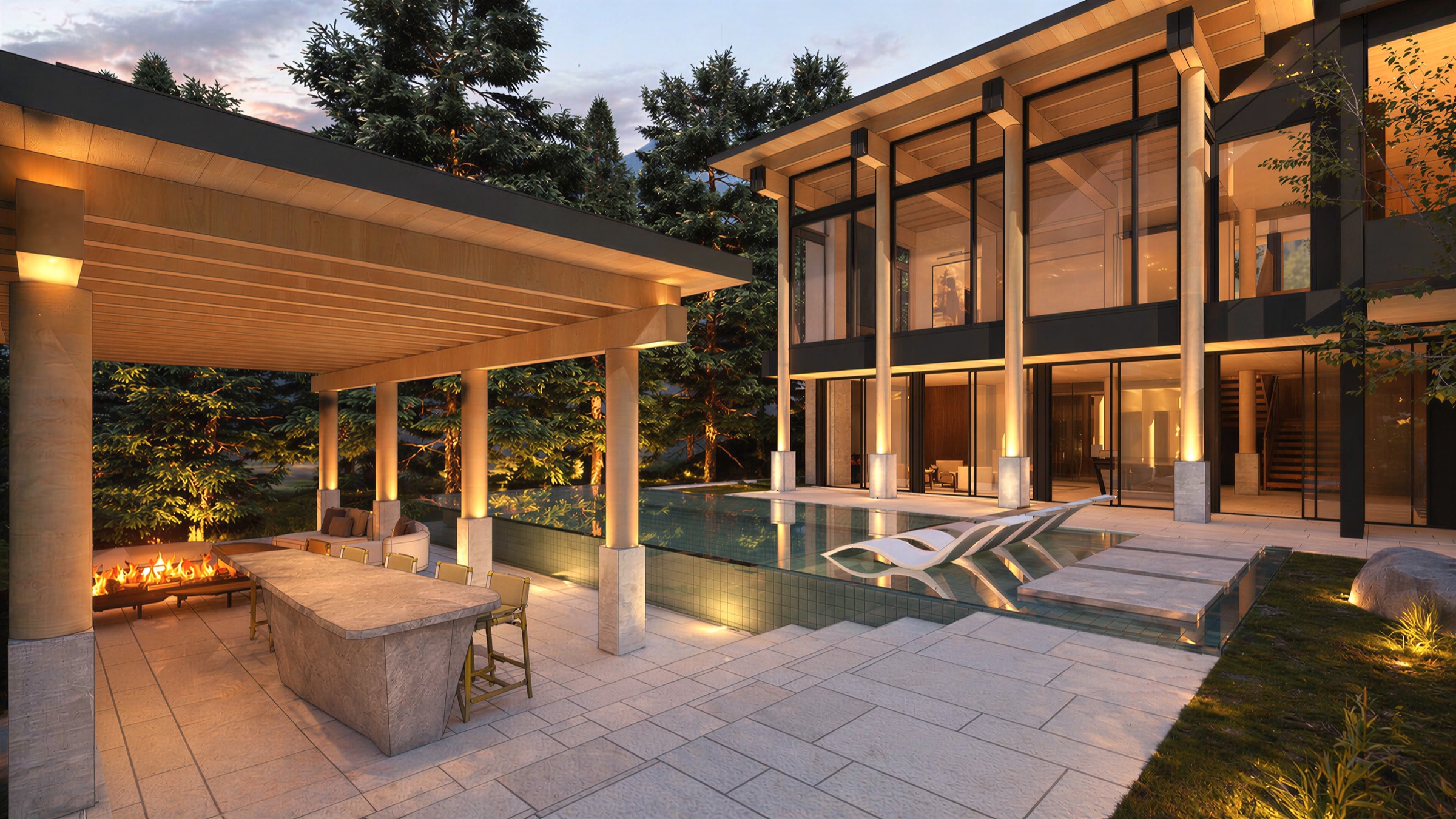 Château Cortina infinity pool and covered terrace at dusk